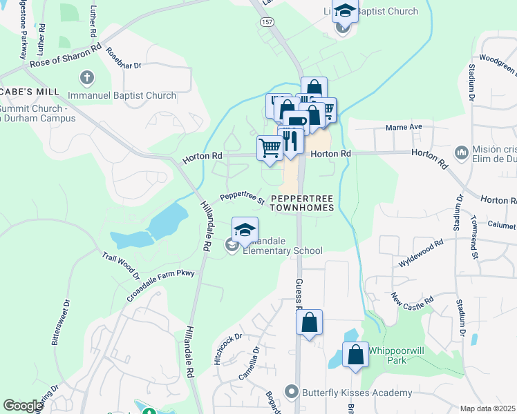 map of restaurants, bars, coffee shops, grocery stores, and more near 4A Baytree Court in Durham