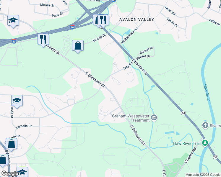 map of restaurants, bars, coffee shops, grocery stores, and more near 912 E Gilbreath St in Graham