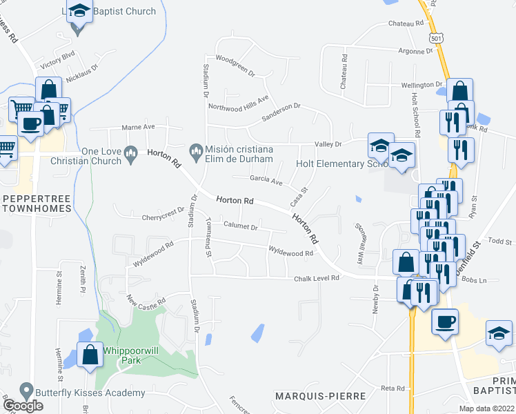 map of restaurants, bars, coffee shops, grocery stores, and more near 1003 Horton Road in Durham