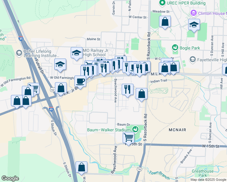 map of restaurants, bars, coffee shops, grocery stores, and more near 860 Beechwood Avenue in Fayetteville