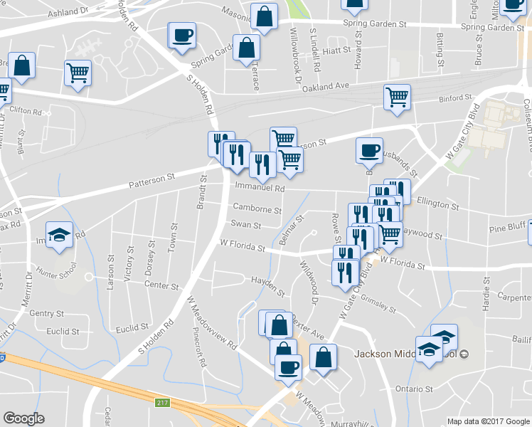 map of restaurants, bars, coffee shops, grocery stores, and more near 2811 Camborne Street in Greensboro