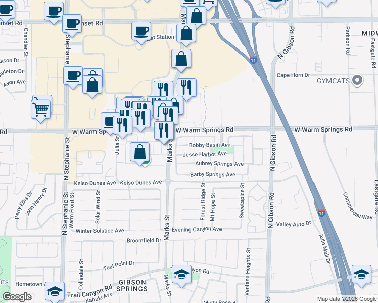 map of restaurants, bars, coffee shops, grocery stores, and more near 1147 Bradley Bay Avenue in Henderson