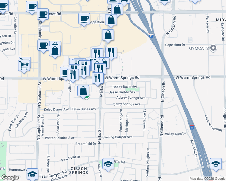 map of restaurants, bars, coffee shops, grocery stores, and more near 1147 Bradley Bay Avenue in Henderson