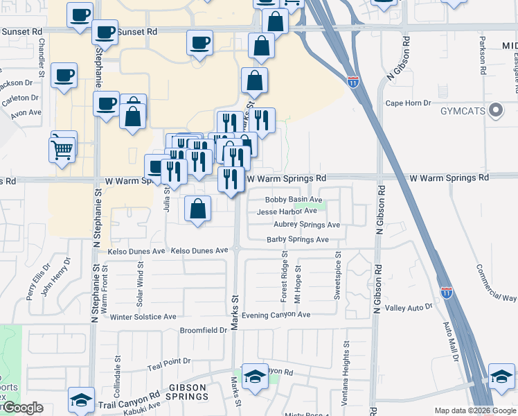 map of restaurants, bars, coffee shops, grocery stores, and more near 1147 Bradley Bay Avenue in Henderson