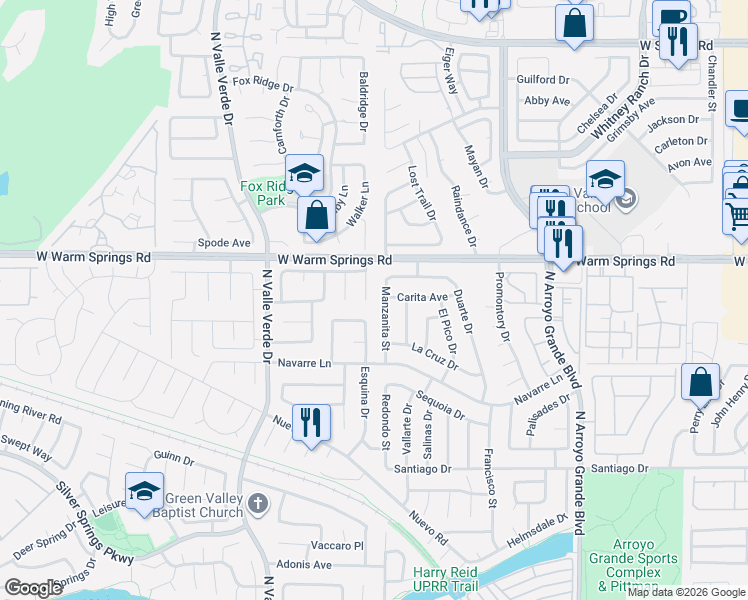map of restaurants, bars, coffee shops, grocery stores, and more near 1748 Manzanita Street in Henderson