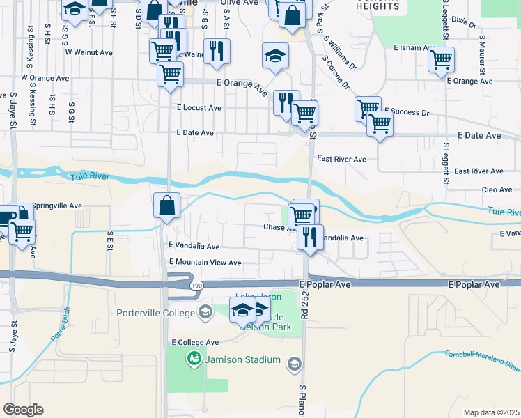 map of restaurants, bars, coffee shops, grocery stores, and more near 604 South Roche Street in Porterville