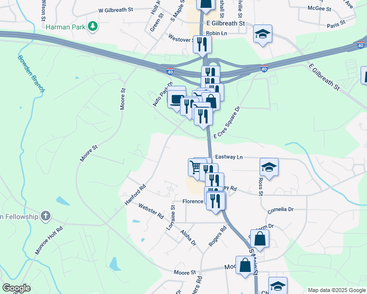 map of restaurants, bars, coffee shops, grocery stores, and more near 906 Hanford Road in Graham