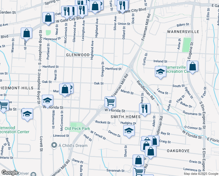 map of restaurants, bars, coffee shops, grocery stores, and more near 806 Oak Street in Greensboro