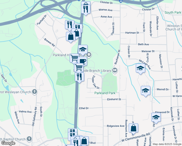 map of restaurants, bars, coffee shops, grocery stores, and more near 1400 Cliff Street in Winston-Salem