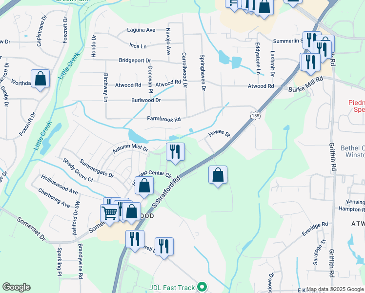 map of restaurants, bars, coffee shops, grocery stores, and more near 154 Hewes Street in Winston-Salem
