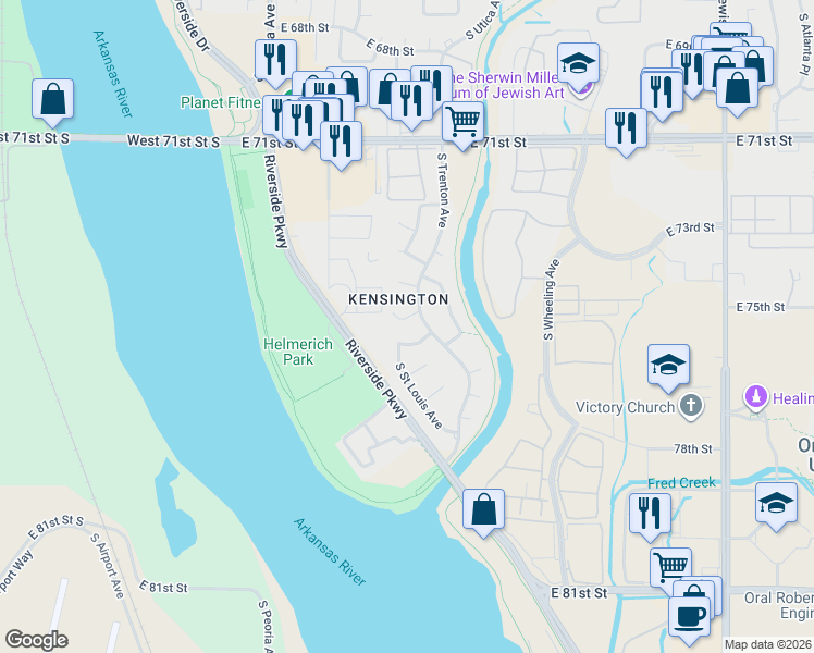 map of restaurants, bars, coffee shops, grocery stores, and more near in Tulsa