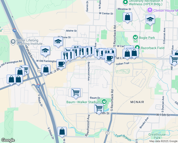 map of restaurants, bars, coffee shops, grocery stores, and more near 884 Beechwood Avenue in Fayetteville