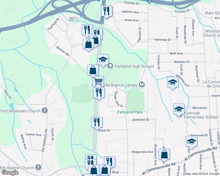 map of restaurants, bars, coffee shops, grocery stores, and more near 1695 Brewer Road in Winston-Salem