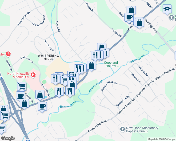 map of restaurants, bars, coffee shops, grocery stores, and more near East Emory Road in Knoxville