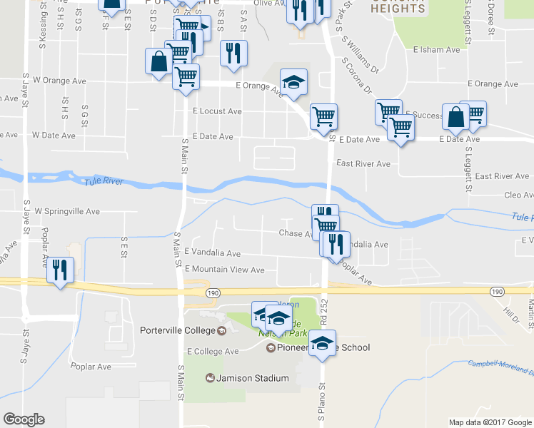 map of restaurants, bars, coffee shops, grocery stores, and more near 604 S Roche St in Porterville