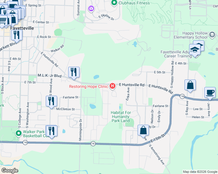 map of restaurants, bars, coffee shops, grocery stores, and more near 1030 East Huntsville Road in Fayetteville
