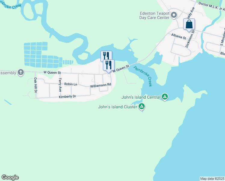 map of restaurants, bars, coffee shops, grocery stores, and more near 203 Leigh Street in Edenton