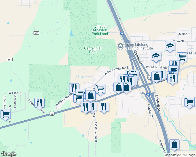 map of restaurants, bars, coffee shops, grocery stores, and more near 2954 West Old Farmington Road in Fayetteville