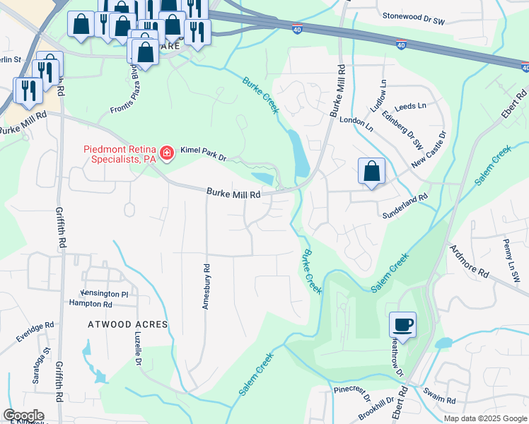 map of restaurants, bars, coffee shops, grocery stores, and more near 2612 Woodington Drive in Winston-Salem