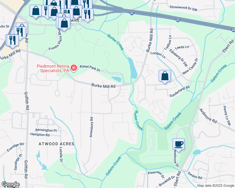 map of restaurants, bars, coffee shops, grocery stores, and more near 2612 Woodington Drive in Winston-Salem