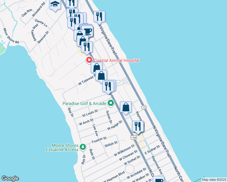 map of restaurants, bars, coffee shops, grocery stores, and more near 3405 North Croatan Highway in Kitty Hawk