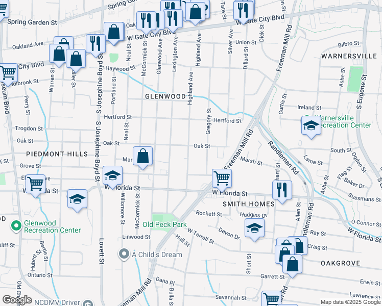 map of restaurants, bars, coffee shops, grocery stores, and more near 910 Oak Street in Greensboro