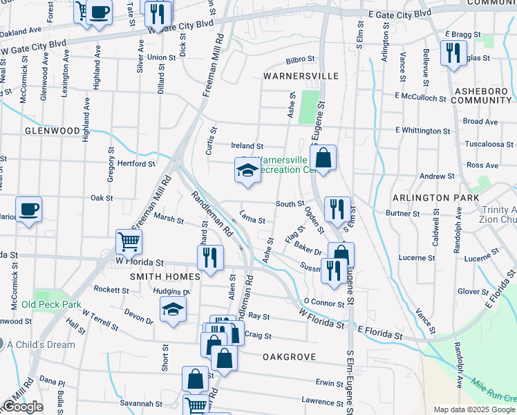 map of restaurants, bars, coffee shops, grocery stores, and more near 502 South Street in Greensboro