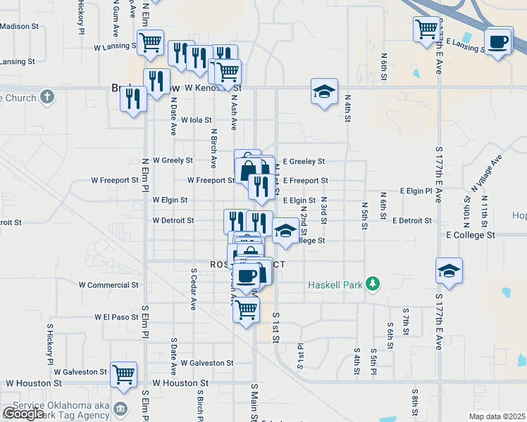 map of restaurants, bars, coffee shops, grocery stores, and more near 114 East Elgin Street in Broken Arrow