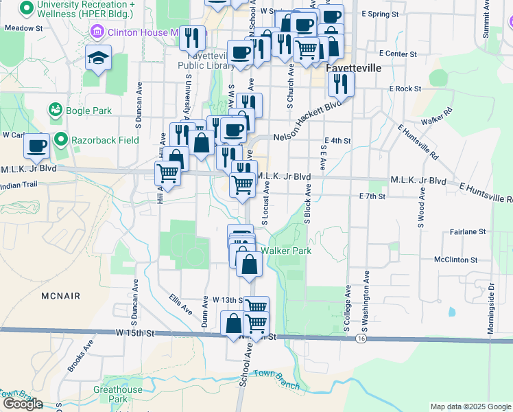 map of restaurants, bars, coffee shops, grocery stores, and more near 235 West 7th Street in Fayetteville