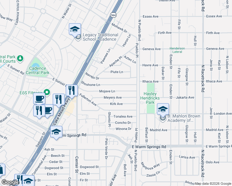 map of restaurants, bars, coffee shops, grocery stores, and more near 235 Mojave Lane in Henderson