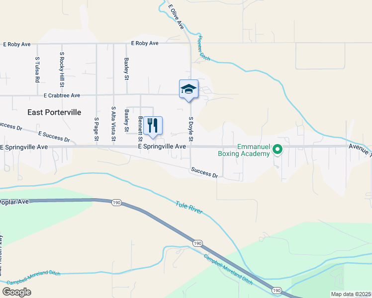 map of restaurants, bars, coffee shops, grocery stores, and more near 2372 E Springville Ave in Porterville