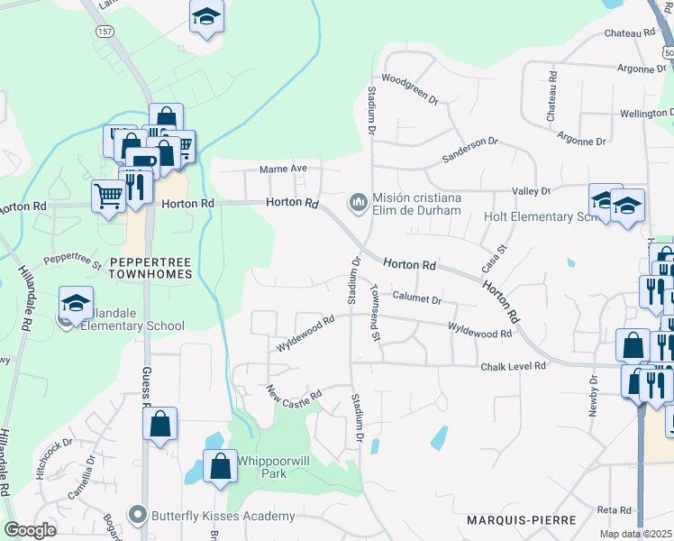 map of restaurants, bars, coffee shops, grocery stores, and more near 1200 Horton Road in Durham