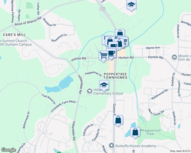 map of restaurants, bars, coffee shops, grocery stores, and more near 2119 Peppertree Street in Durham