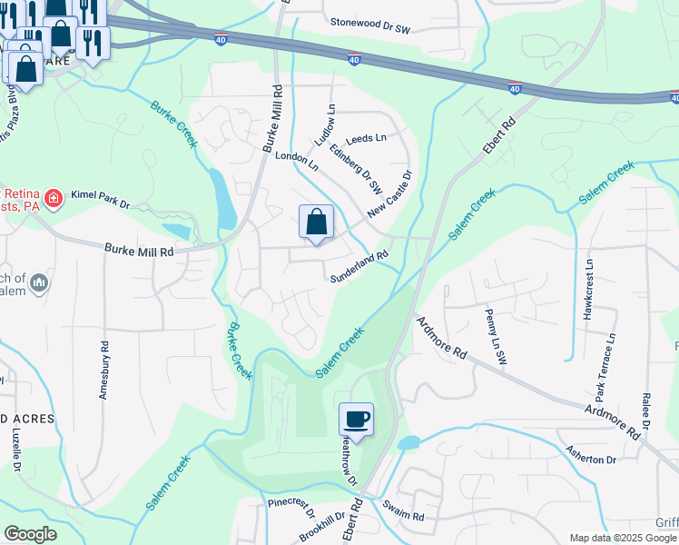 map of restaurants, bars, coffee shops, grocery stores, and more near 2205 Sunderland Road in Winston-Salem