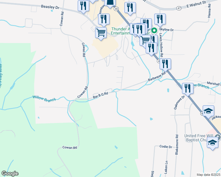 map of restaurants, bars, coffee shops, grocery stores, and more near 503 Bar B Q Road in Dickson