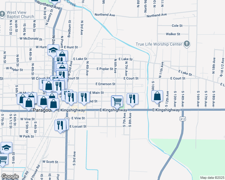 map of restaurants, bars, coffee shops, grocery stores, and more near 534 East Emerson Street in Paragould