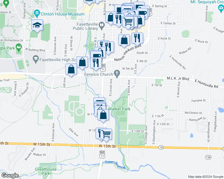 map of restaurants, bars, coffee shops, grocery stores, and more near 217 West 7th Street in Fayetteville