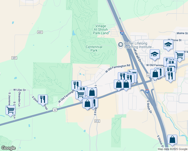 map of restaurants, bars, coffee shops, grocery stores, and more near South Centennial Park Lane in Fayetteville