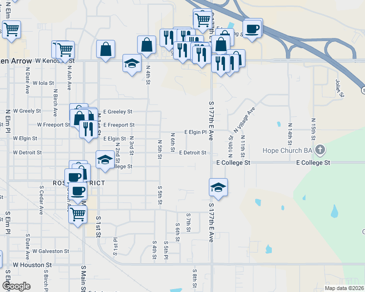 map of restaurants, bars, coffee shops, grocery stores, and more near 319 North 6th Street in Broken Arrow