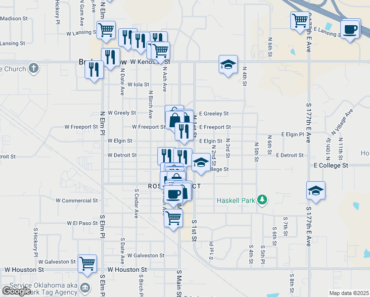 map of restaurants, bars, coffee shops, grocery stores, and more near 114 East Elgin Street in Broken Arrow