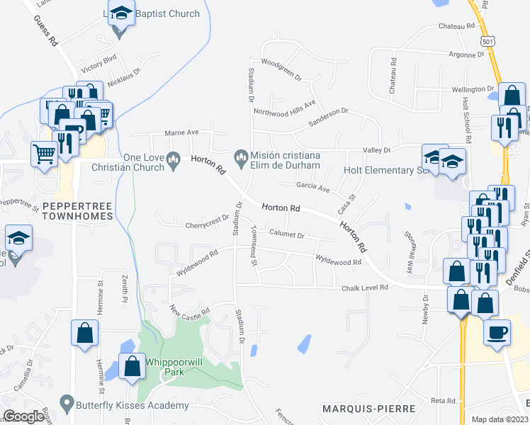 map of restaurants, bars, coffee shops, grocery stores, and more near 1103 Horton Road in Durham