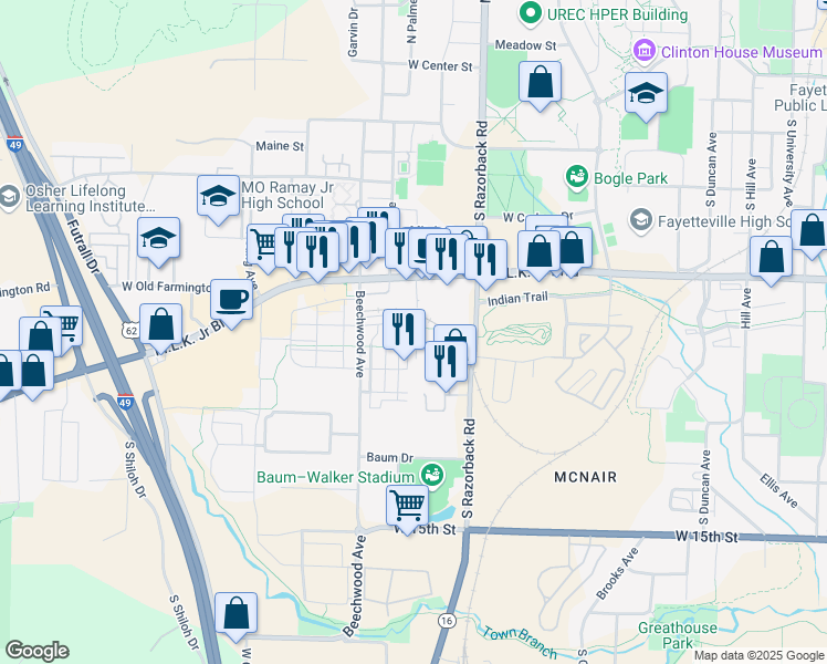 map of restaurants, bars, coffee shops, grocery stores, and more near 1557 West Towne Village Drive in Fayetteville