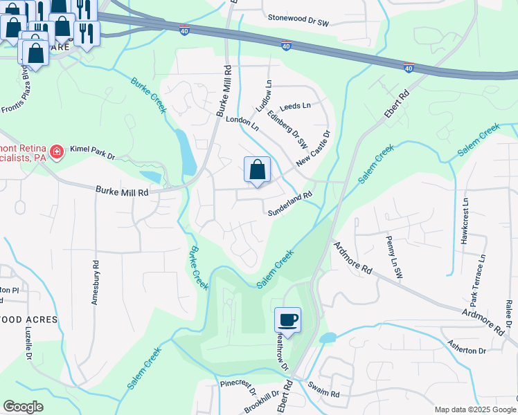 map of restaurants, bars, coffee shops, grocery stores, and more near 2230 Sunderland Road in Winston-Salem