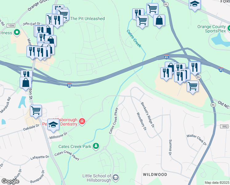 map of restaurants, bars, coffee shops, grocery stores, and more near 1819 Beckett's Ridge Drive in Hillsborough