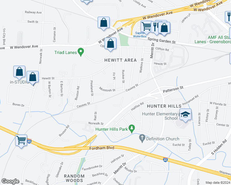 map of restaurants, bars, coffee shops, grocery stores, and more near 3941 McIntosh Street in Greensboro