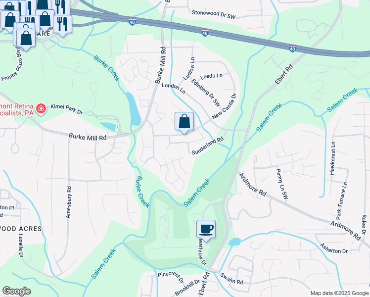 map of restaurants, bars, coffee shops, grocery stores, and more near 2230 Sunderland Road in Winston-Salem