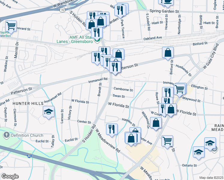 map of restaurants, bars, coffee shops, grocery stores, and more near 2841 Camborne Street in Greensboro