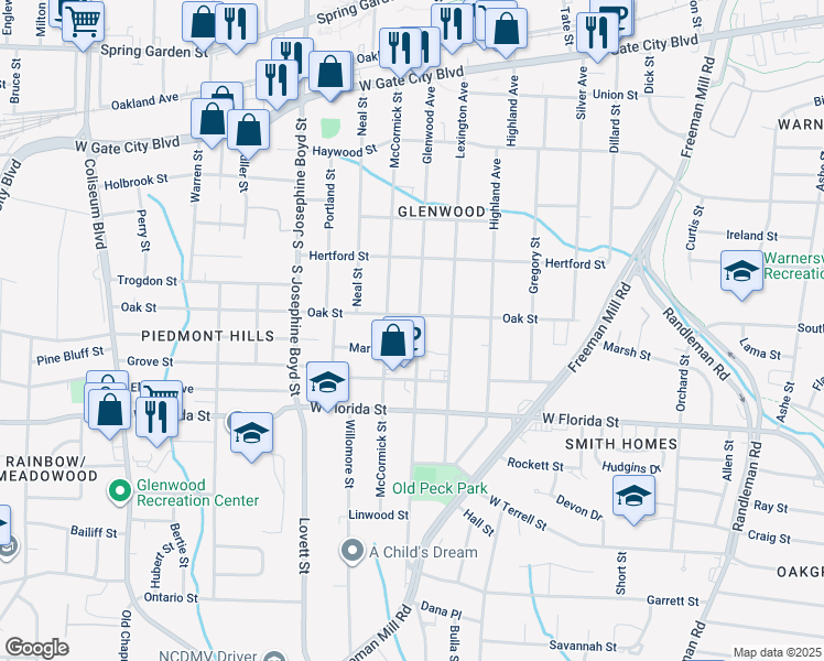 map of restaurants, bars, coffee shops, grocery stores, and more near 1204 Glenwood Avenue in Greensboro