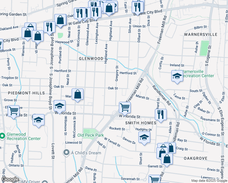 map of restaurants, bars, coffee shops, grocery stores, and more near 1202 Gregory Street in Greensboro