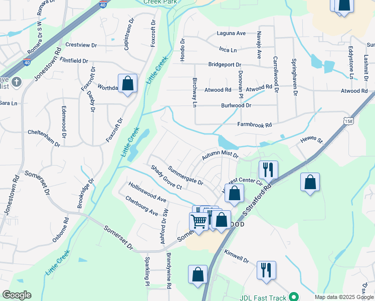 map of restaurants, bars, coffee shops, grocery stores, and more near 2402 Cross Vine Lane in Winston-Salem